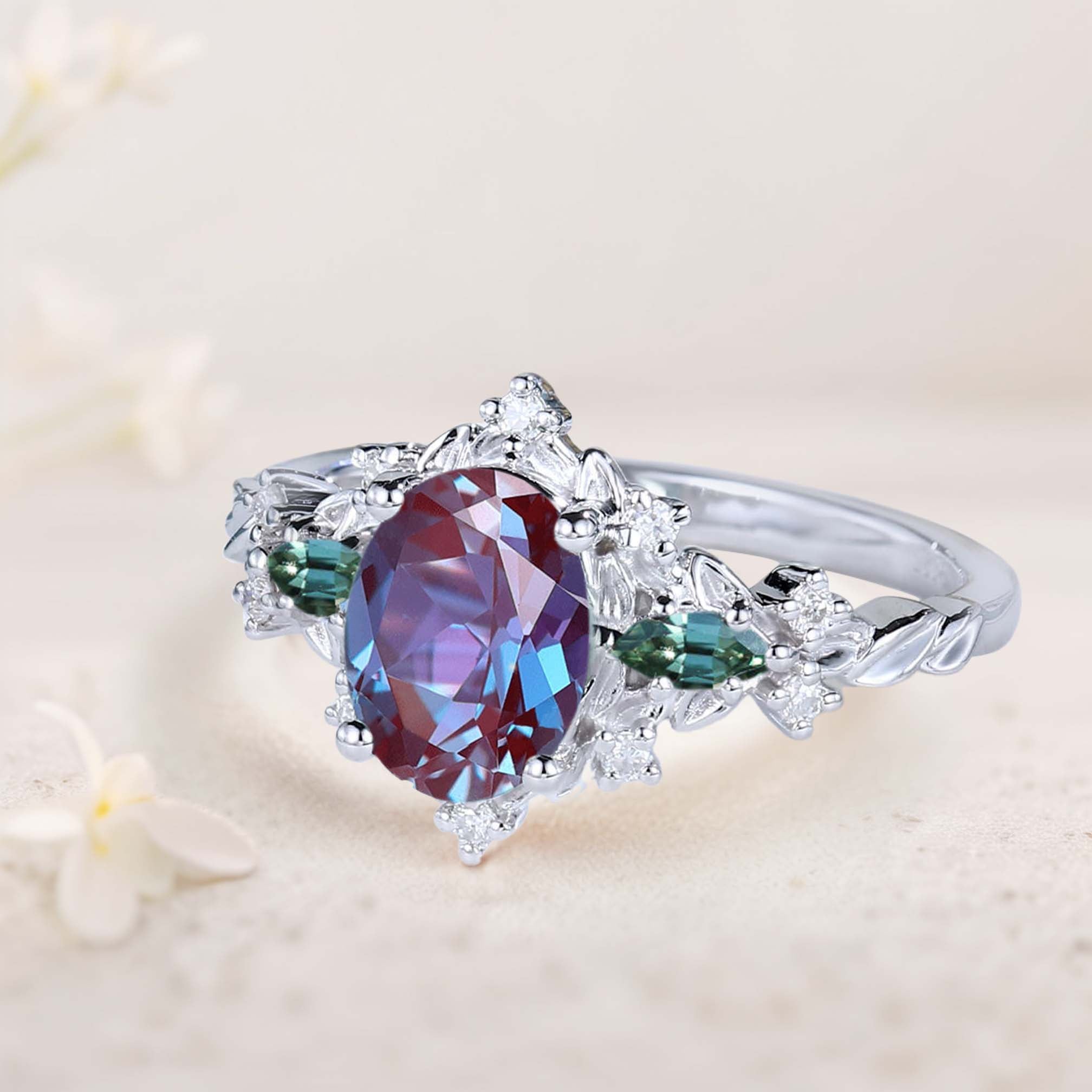 Vintage Briar Rose Oval Lab Alexandrite and Tear Moissanite 18K White Gold Engagement Ring Vine Ring