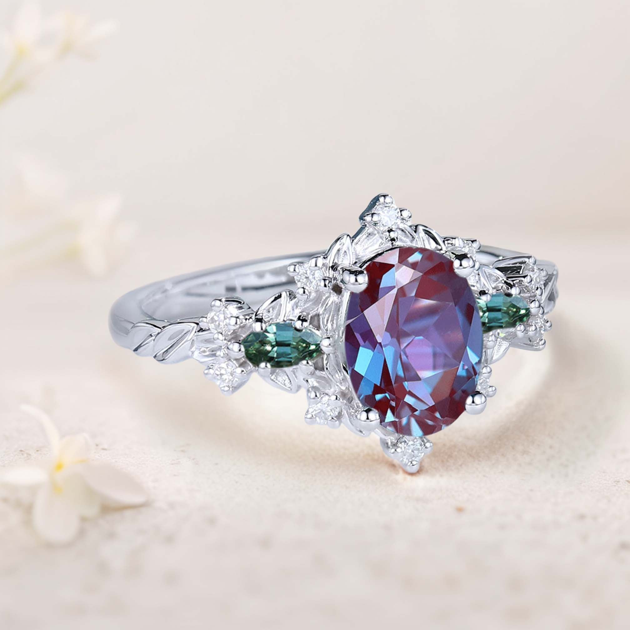 Vintage Briar Rose Oval Lab Alexandrite and Tear Moissanite 18K White Gold Engagement Ring Vine Ring