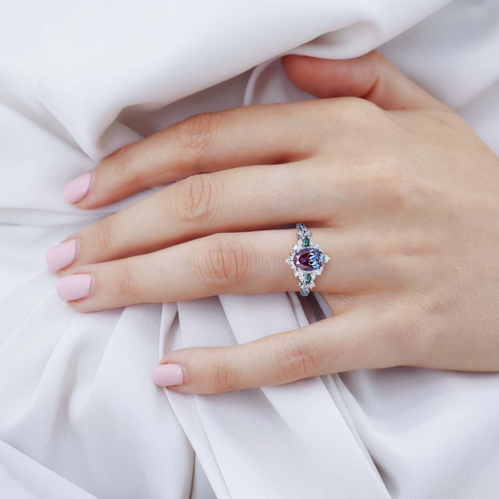 Vintage Briar Rose Oval Lab Alexandrite and Tear Moissanite 18K White Gold Engagement Ring Vine Ring