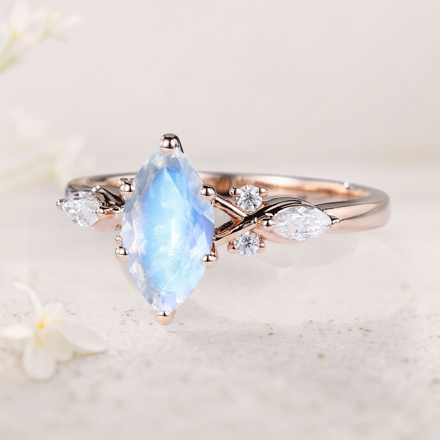 Unique Marquise Lab Moonstone Twist Ring 18K Rose Gold Engagement Ring