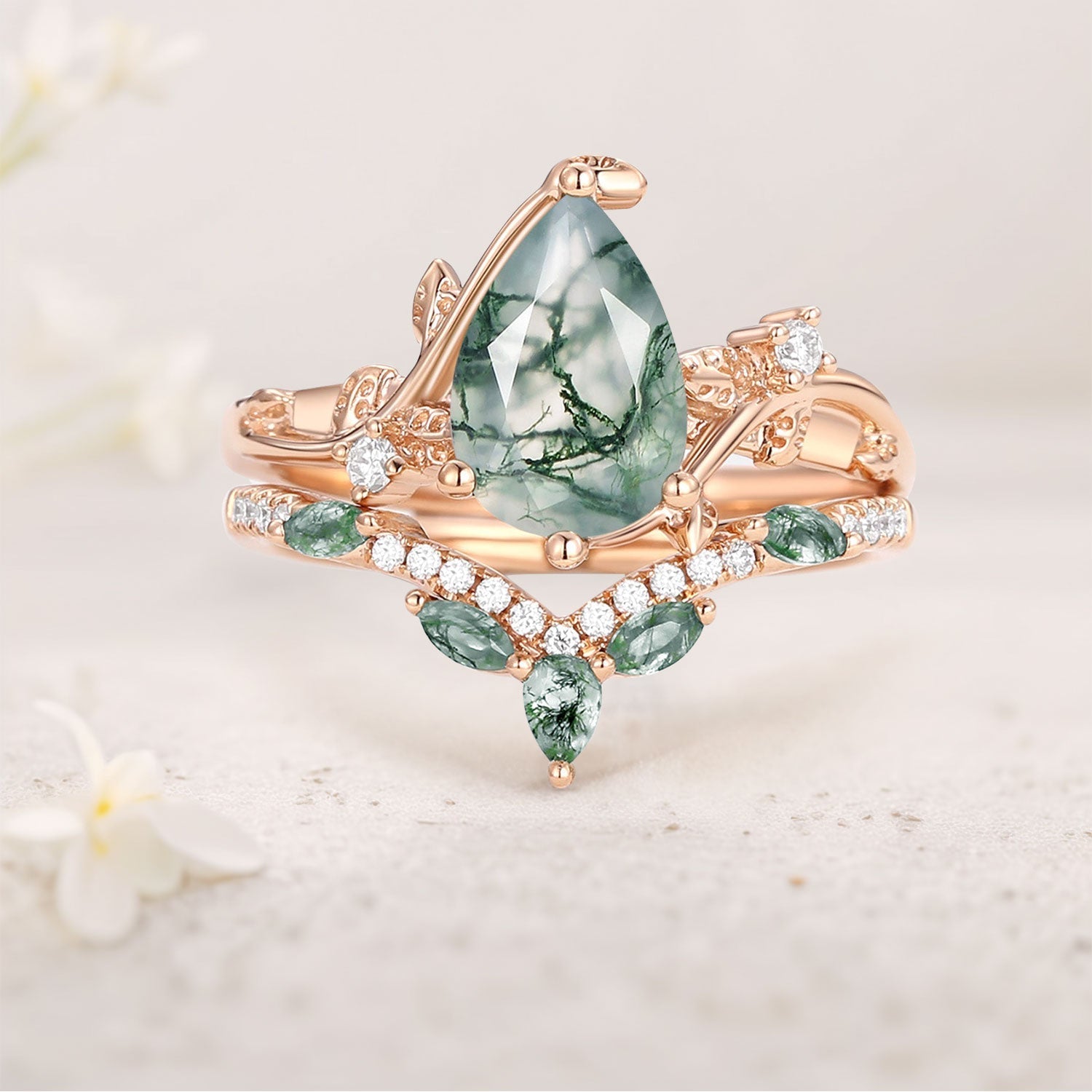 Unique Pear Moss Agate Vine 18K Yellow Gold Engagement Ring Set