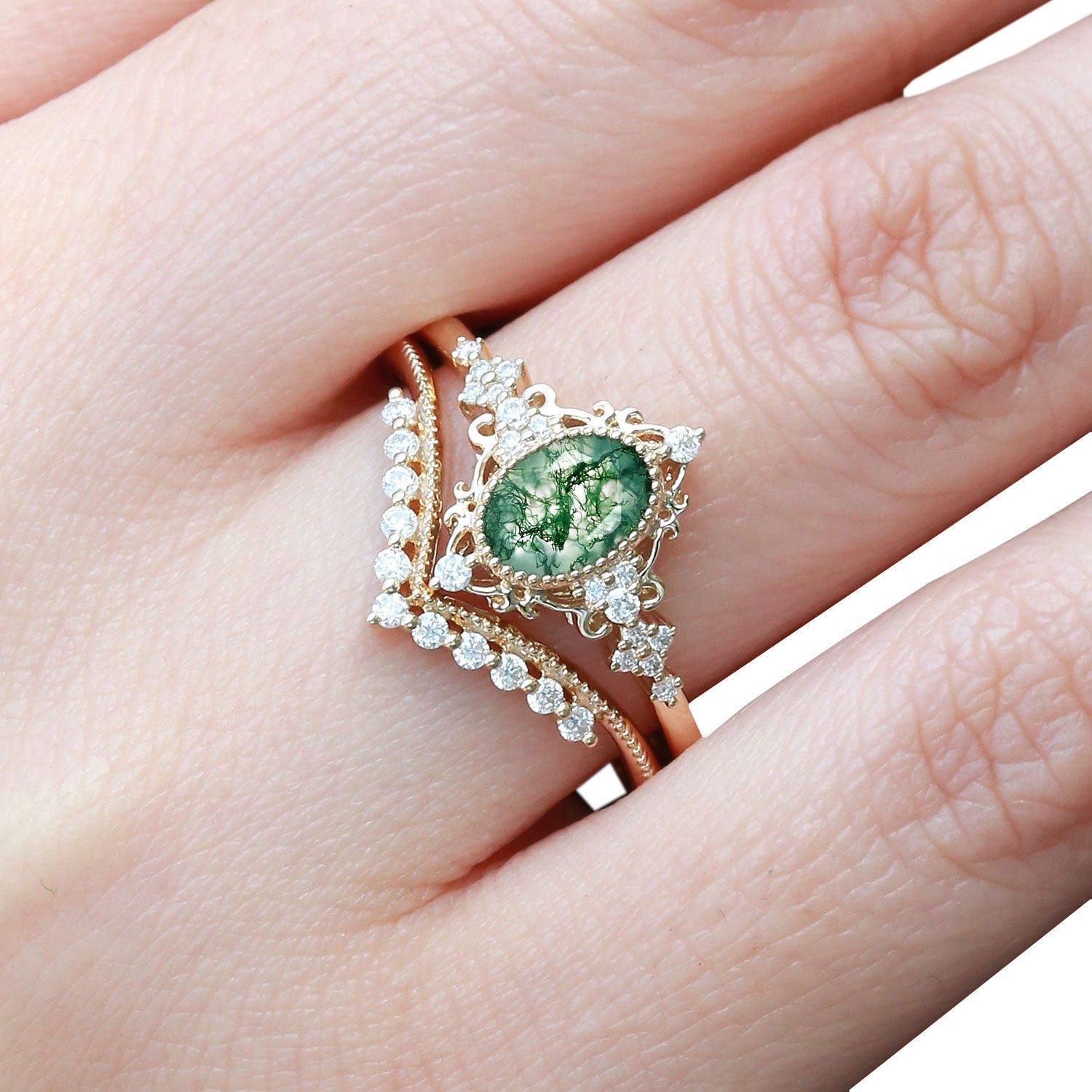 Vintage floral engagement rings Oval Moss Agate Milgrain18K Yellow Gold Engagement Ring Set
