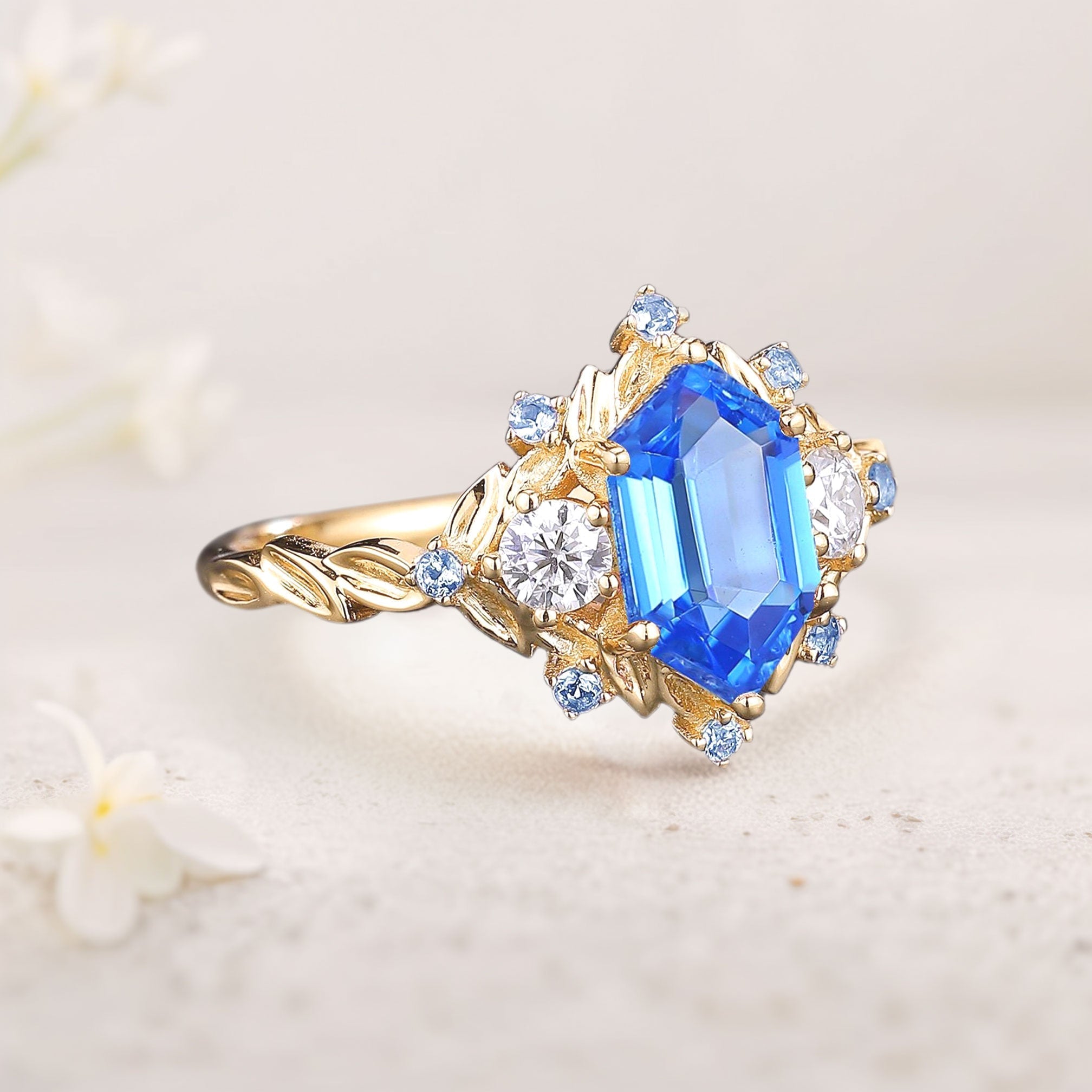Unique Three Stone Hexagon Lab Sapphire 18K Yellow Gold Engagement Ring