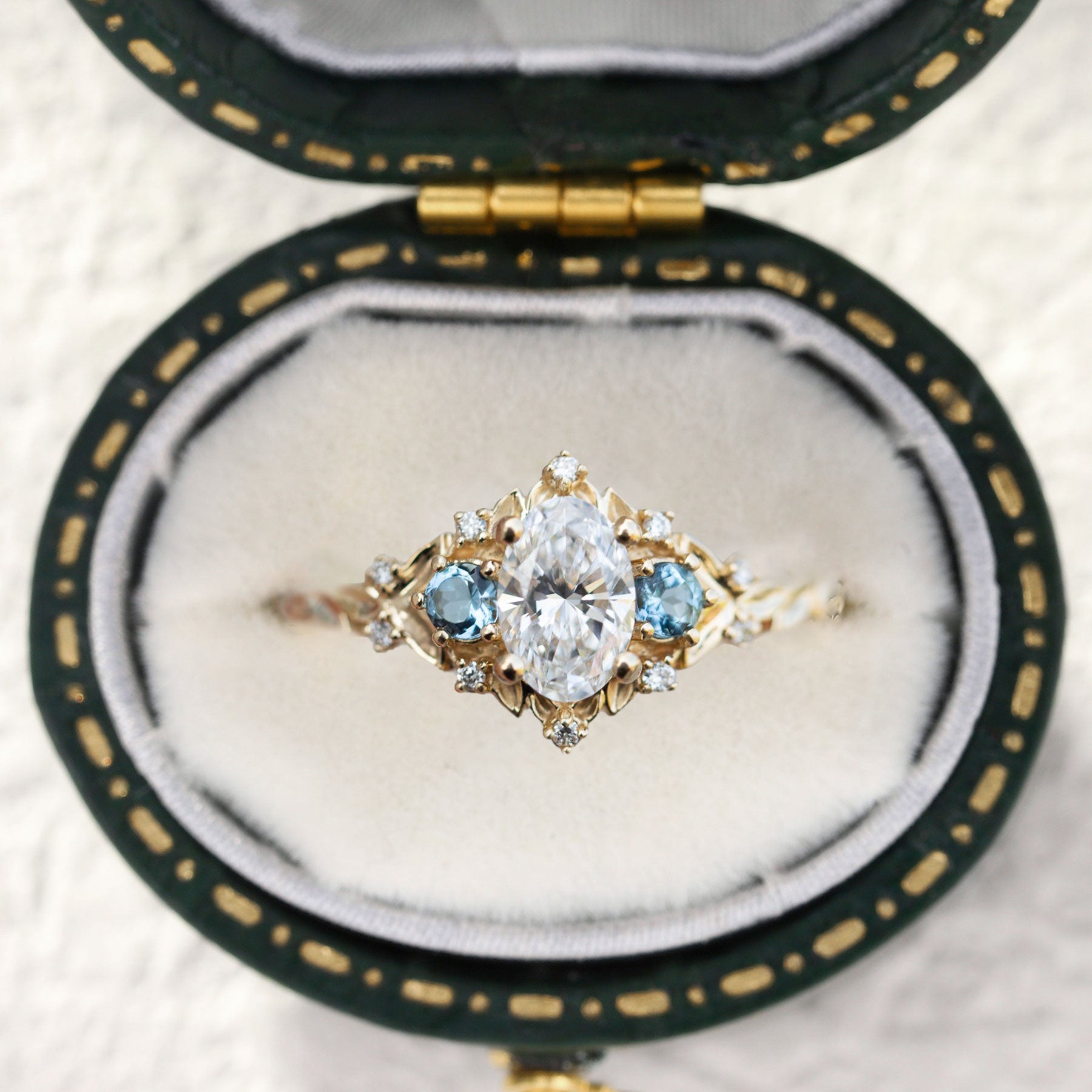 Unique floral engagement rings Rose Three-Stone Oval Moissanite and Lab Topaz 18K Yellow Gold Ring