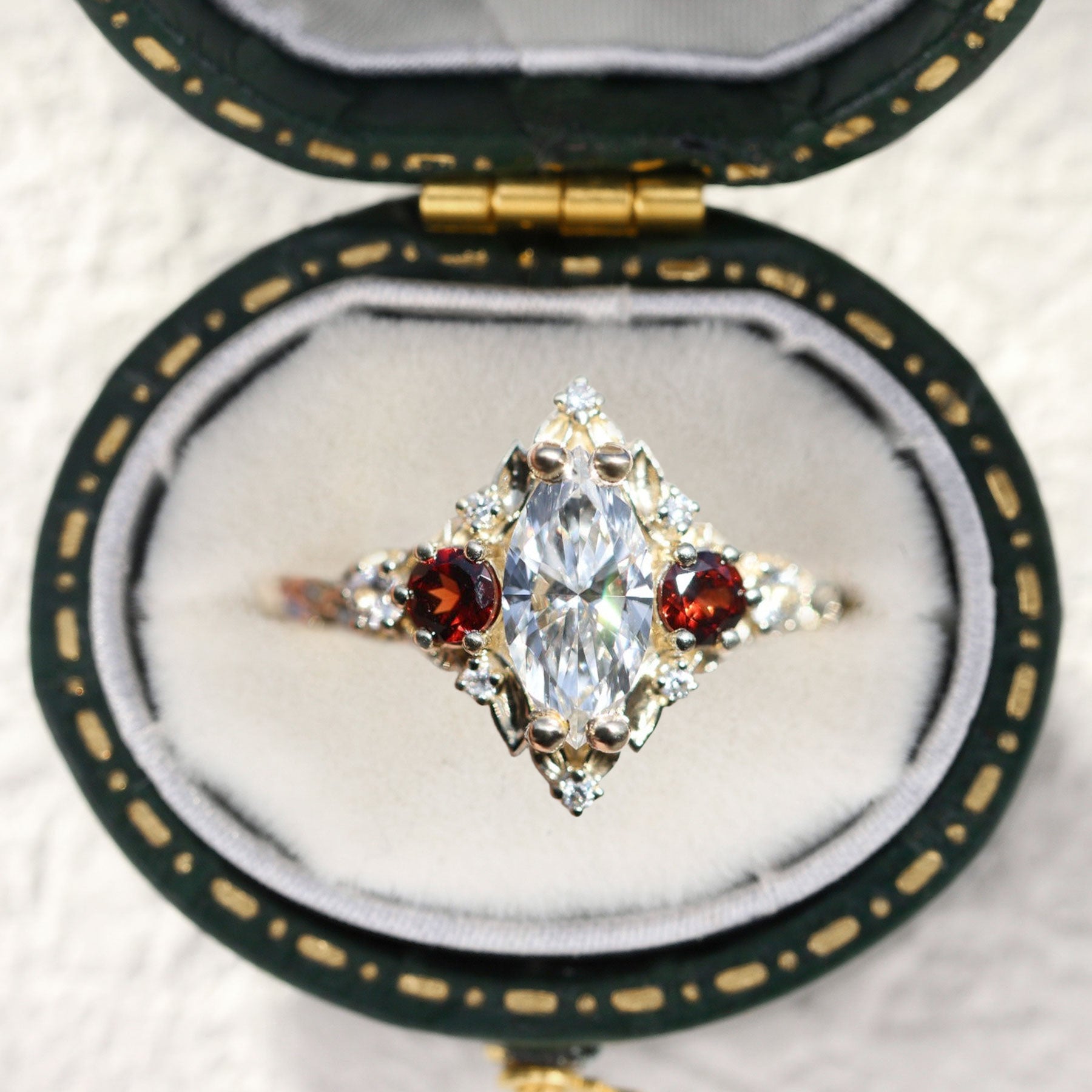 Unique Briar Rose Three Stone Marquise Moissanite and Lab Ruby 18K Yellow Gold Ring