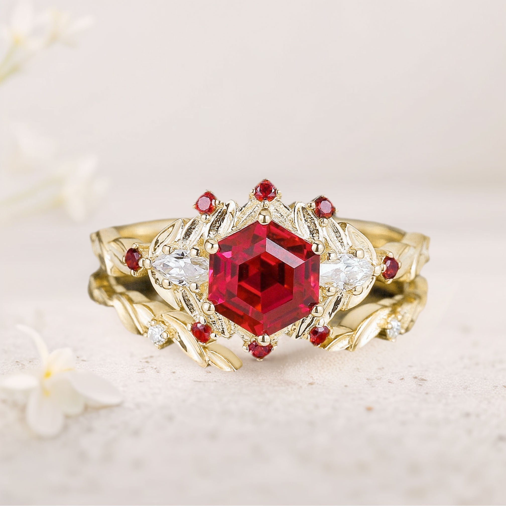 Unique floral engagement rings Hexagon Lab Ruby 18K Yellow Gold Engagement Ring set Promise Proposal Ring set