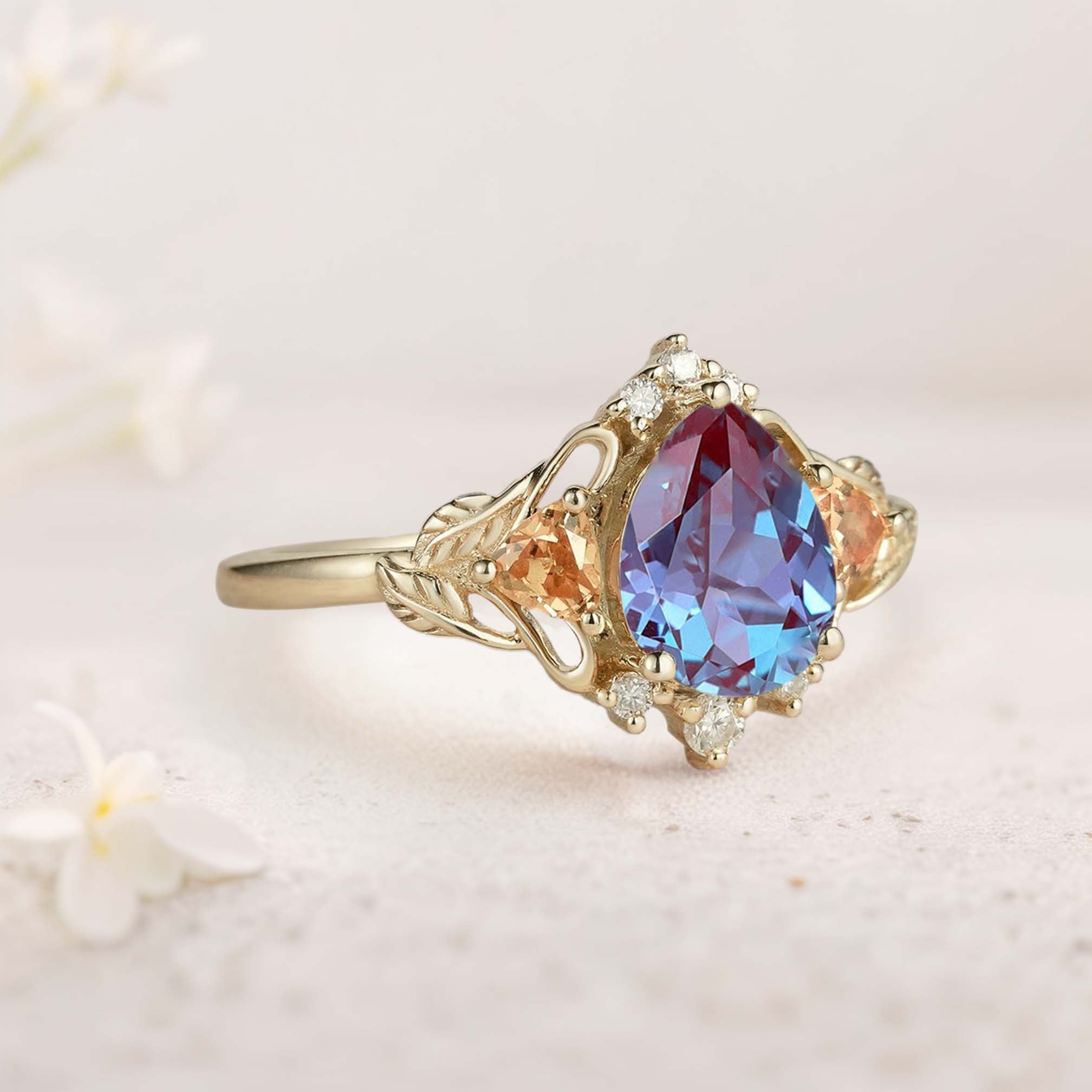 Unique Pear Lab Alexandrite Leaf Ring 18K Yellow Gold Engagement Ring