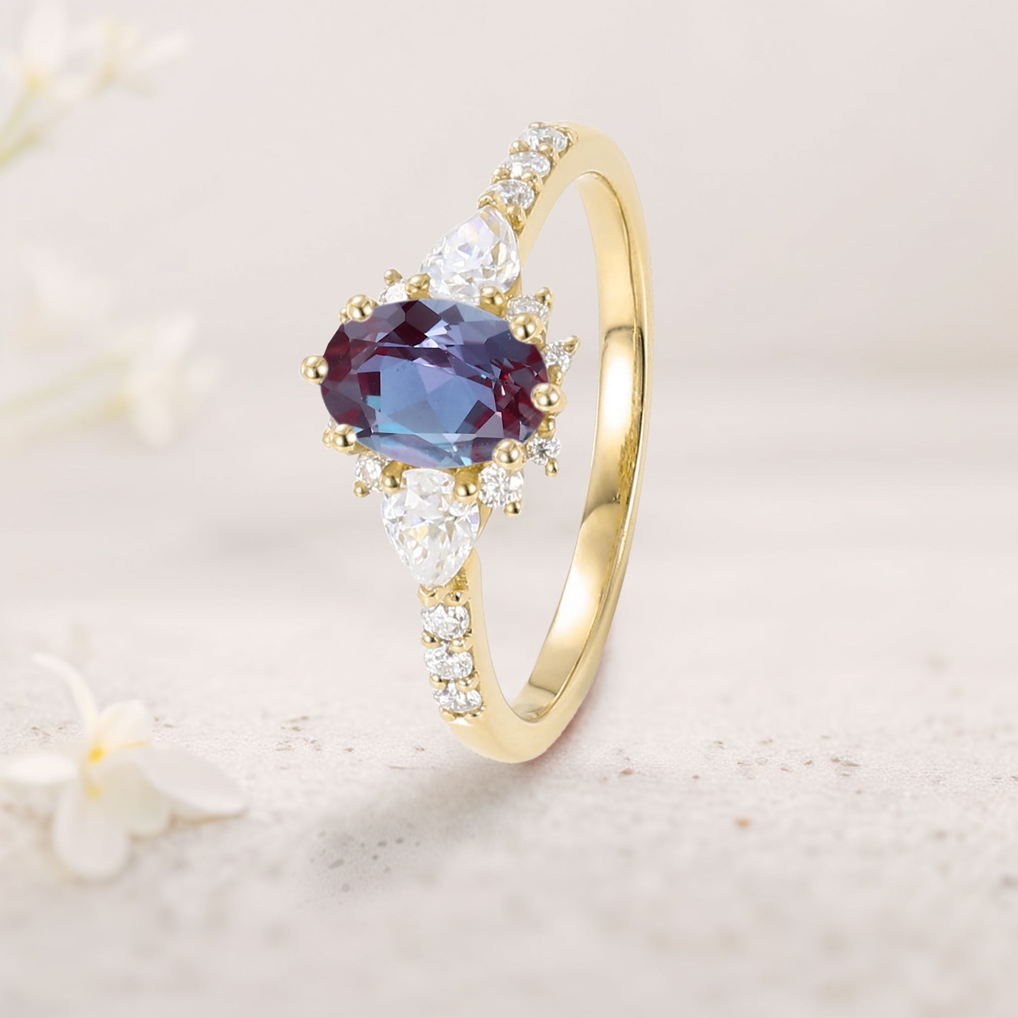 Unique Halo Oval Lab Alexandrite 18K Yellow Gold Engagement Ring Bridal Ring