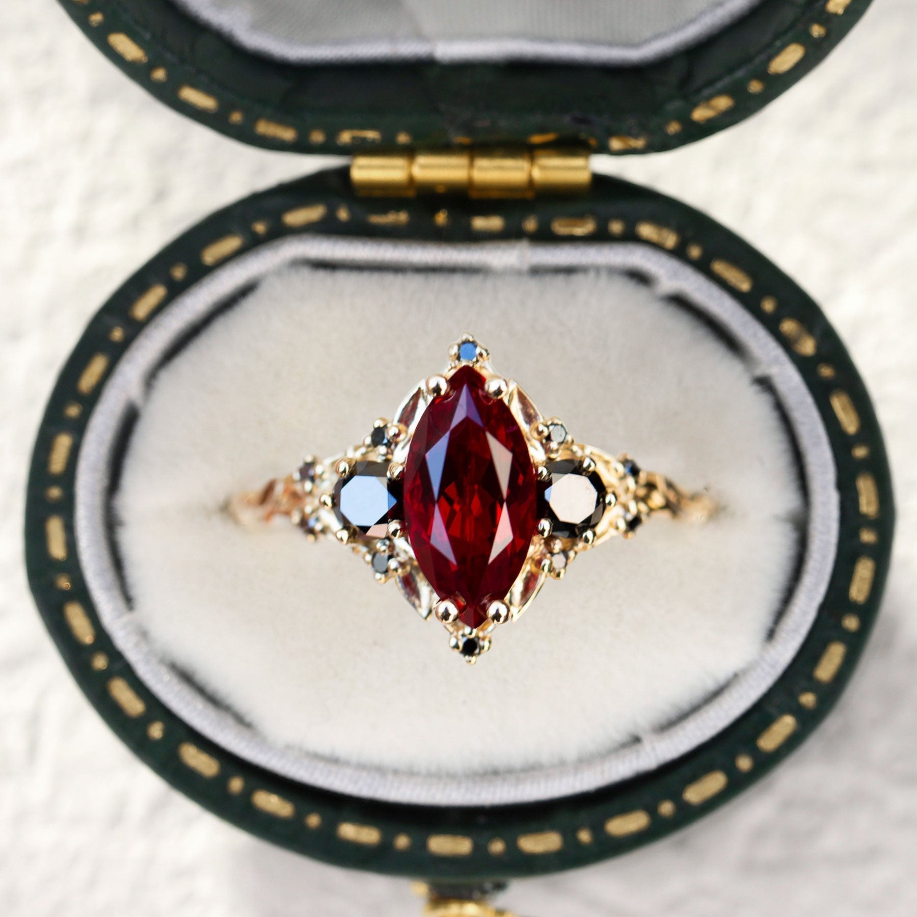 Unique Briar Rose Three Stone Marquise Lab Ruby and Black Onyx 18K Yellow Gold Ring