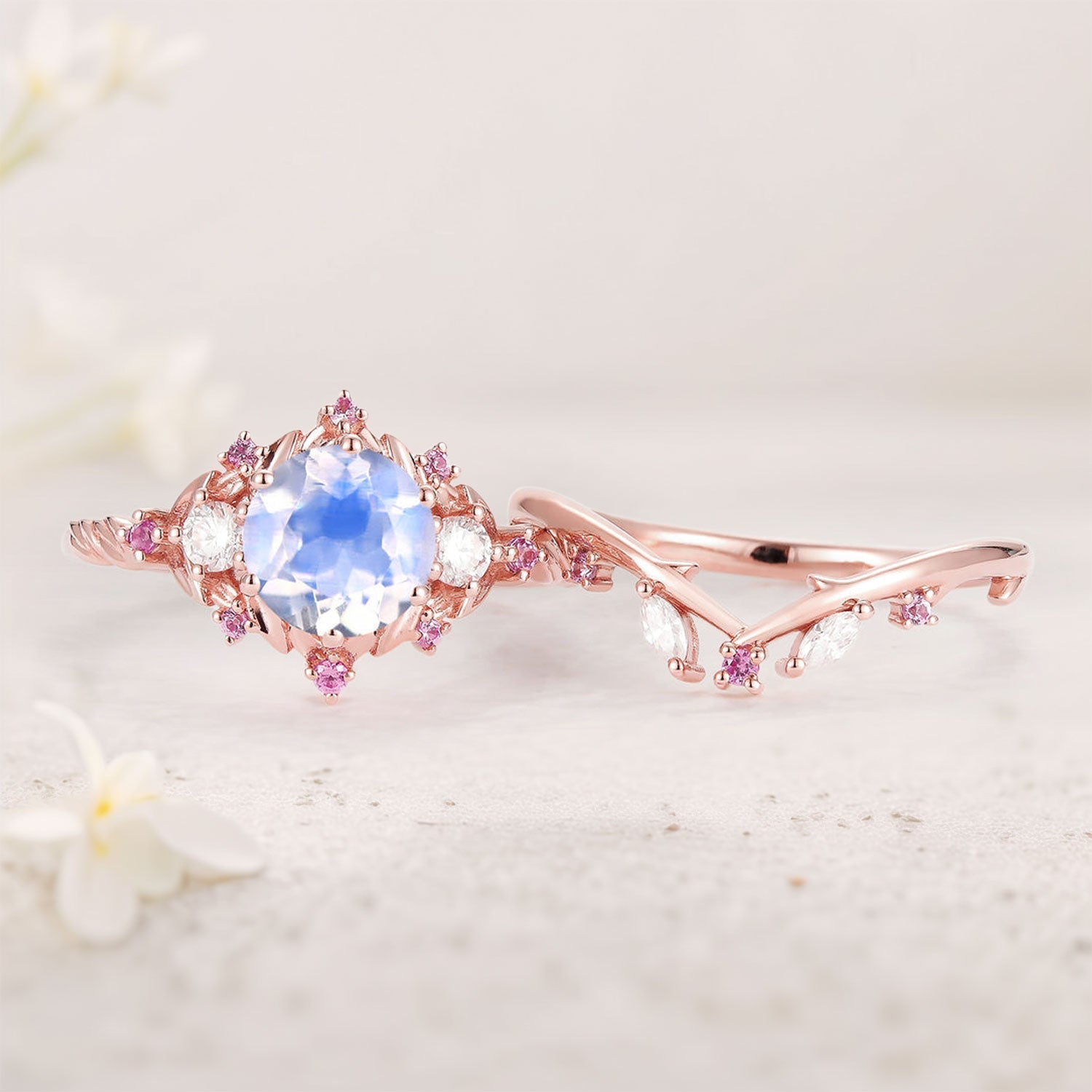 Unique floral engagement rings Round Lab Moonstone and Moissanite 18K Rose Gold Ring Set