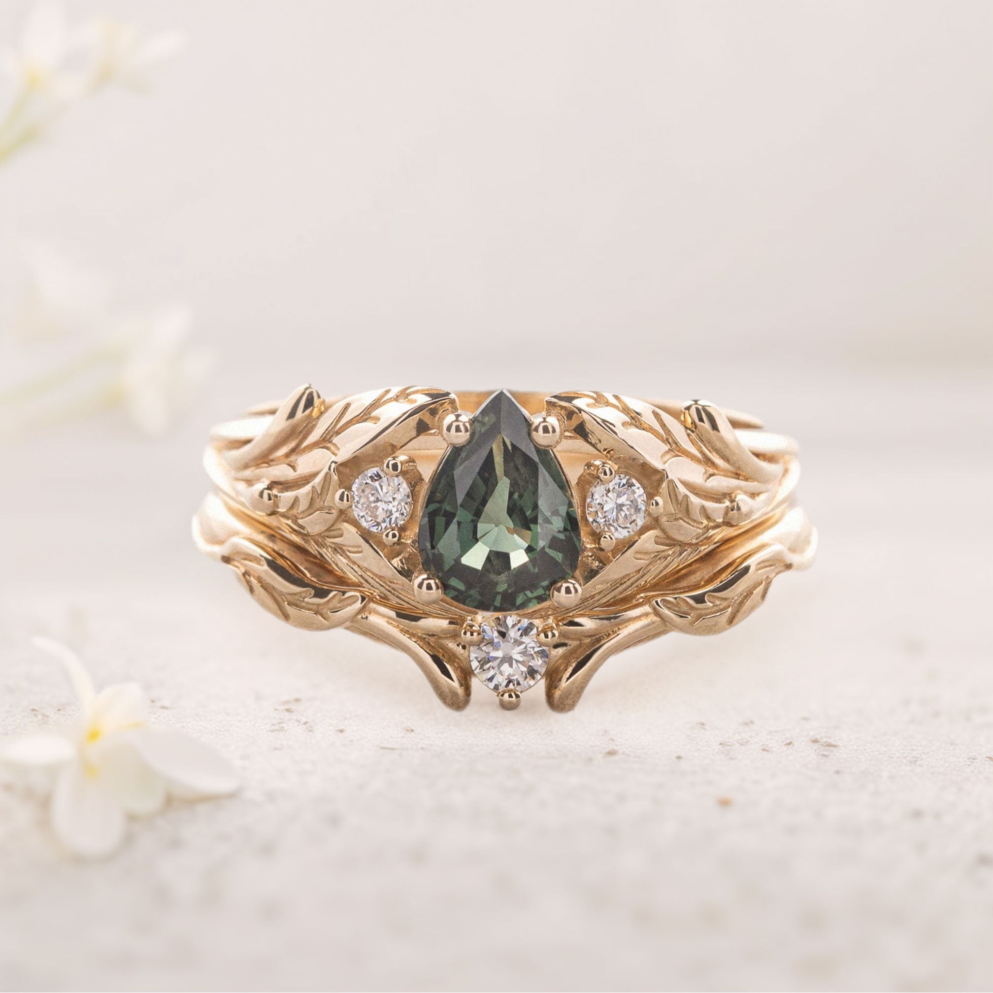 Unique floral engagement rings Pear Green Lab Sapphire 18K Yellow Gold engagement ring with Moissanite Wedding Set