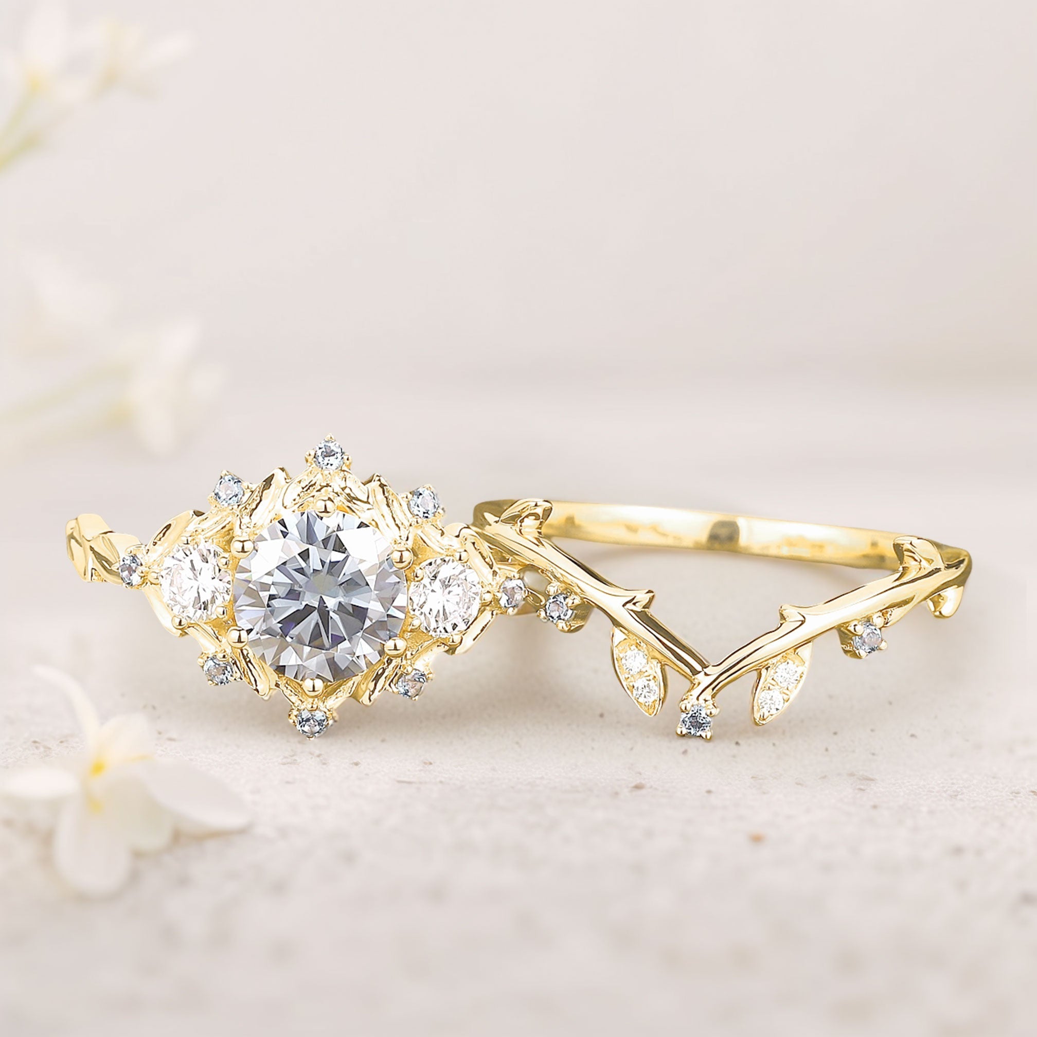 Unique Round Gray Moissanite Leaf Engagement Ring Set Bridal Promise Ring Moissanite 18K Yellow Gold Cluster Flower Wedding Band