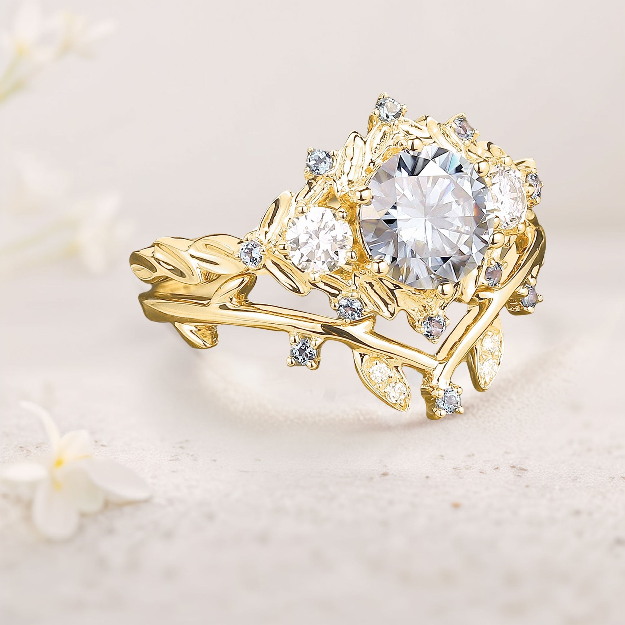 Unique Round Gray Moissanite Leaf Engagement Ring Set Bridal Promise Ring Moissanite 18K Yellow Gold Cluster Flower Wedding Band