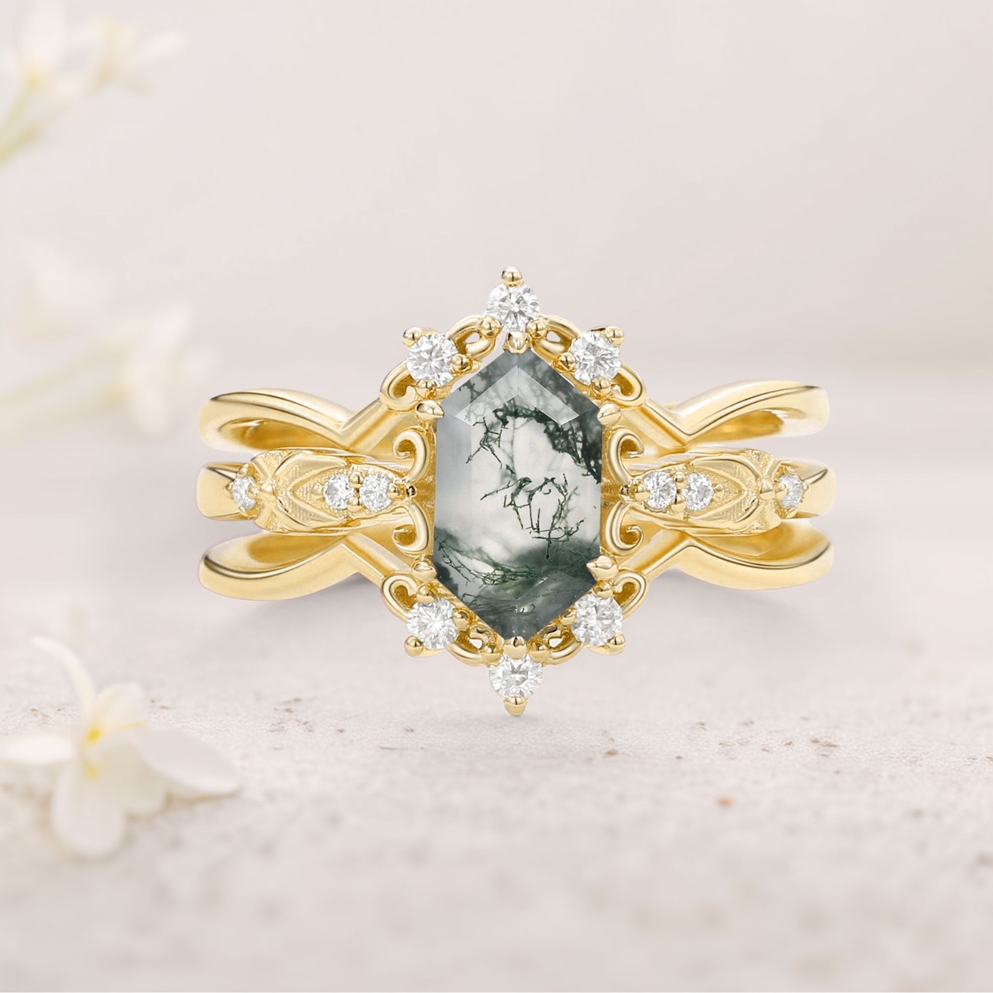 Vintage floral engagement rings Long Hexagon Moss Agate 18K Yellow Gold Wedding Ring Set