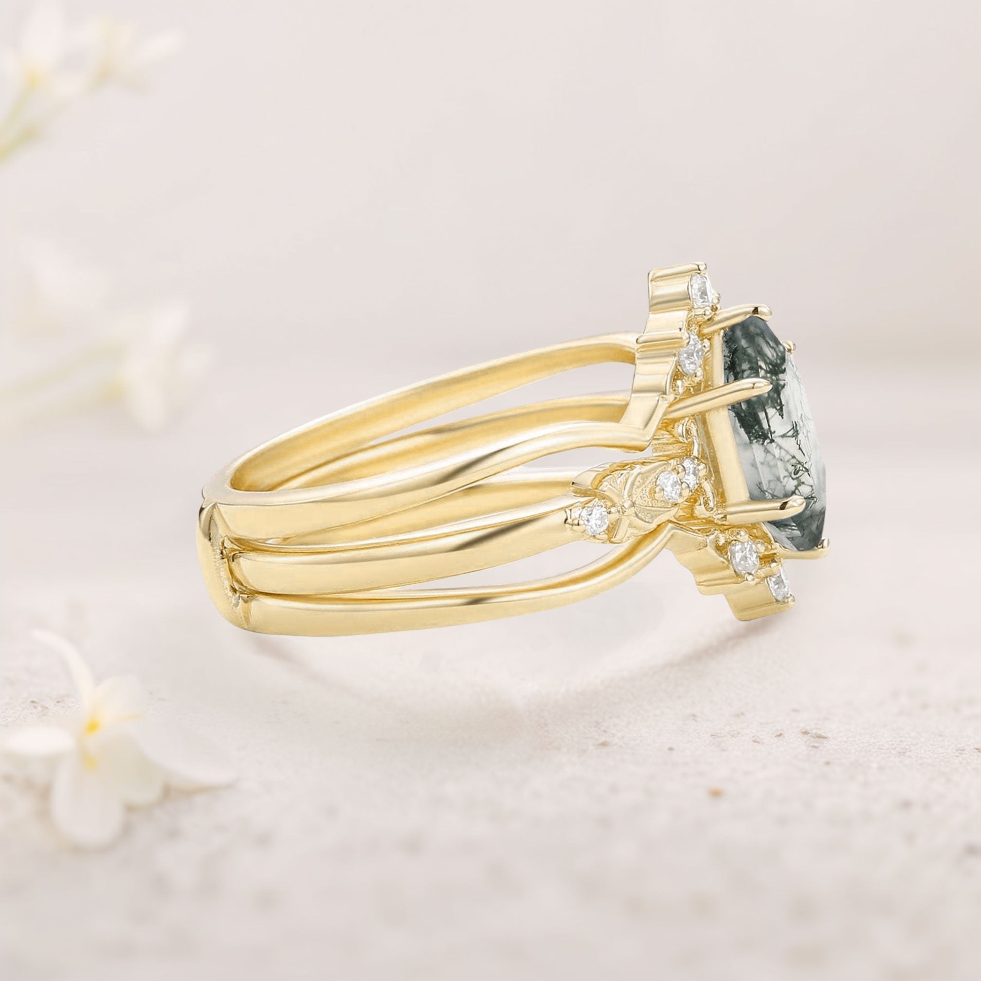 Vintage floral engagement rings Long Hexagon Moss Agate 18K Yellow Gold Wedding Ring Set