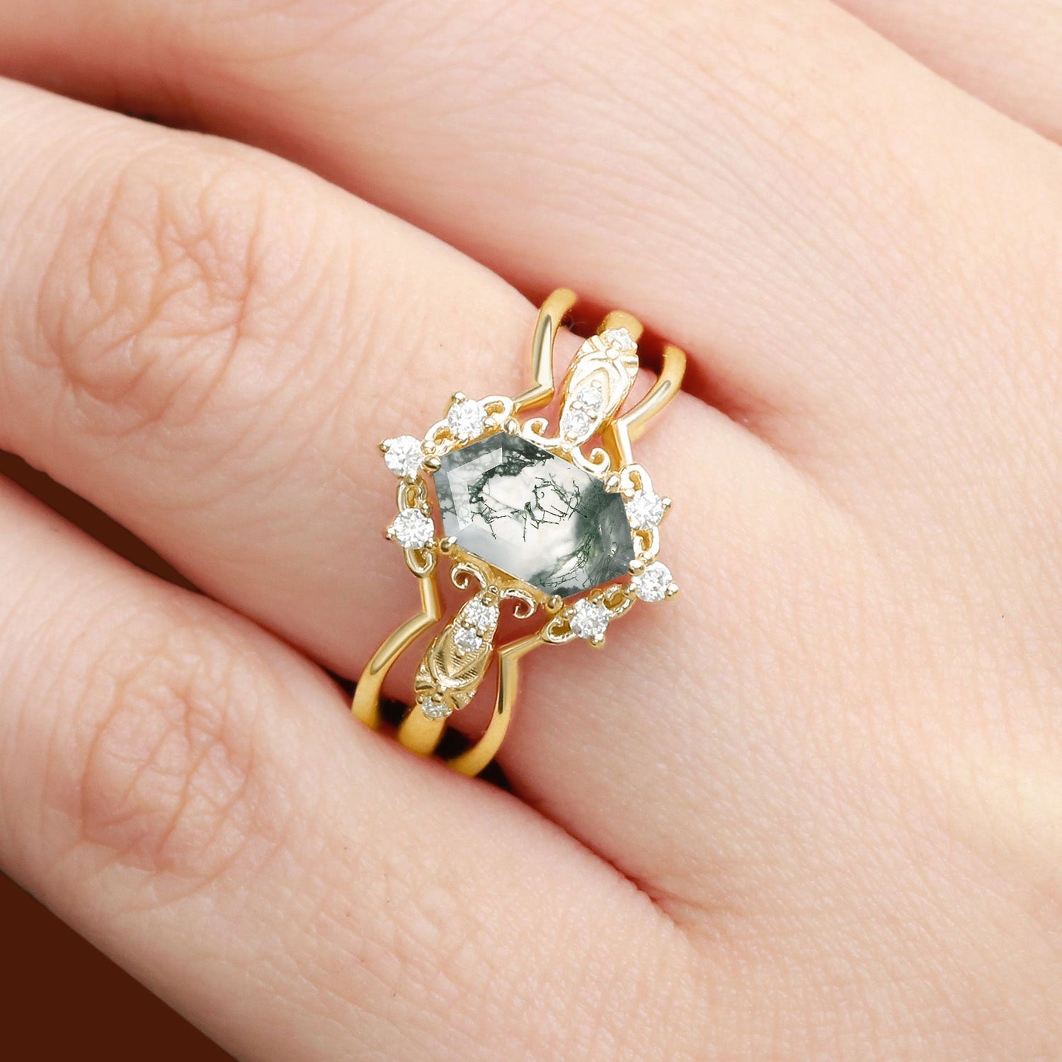 Vintage floral engagement rings Long Hexagon Moss Agate 18K Yellow Gold Wedding Ring Set