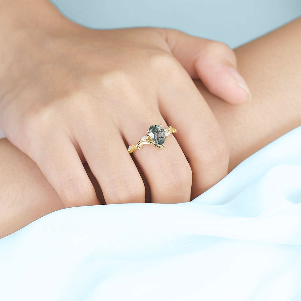 Unique floral engagement rings Pear Moss Agate 18K Yellow Gold Engagement Ring Branching Bridal Ring