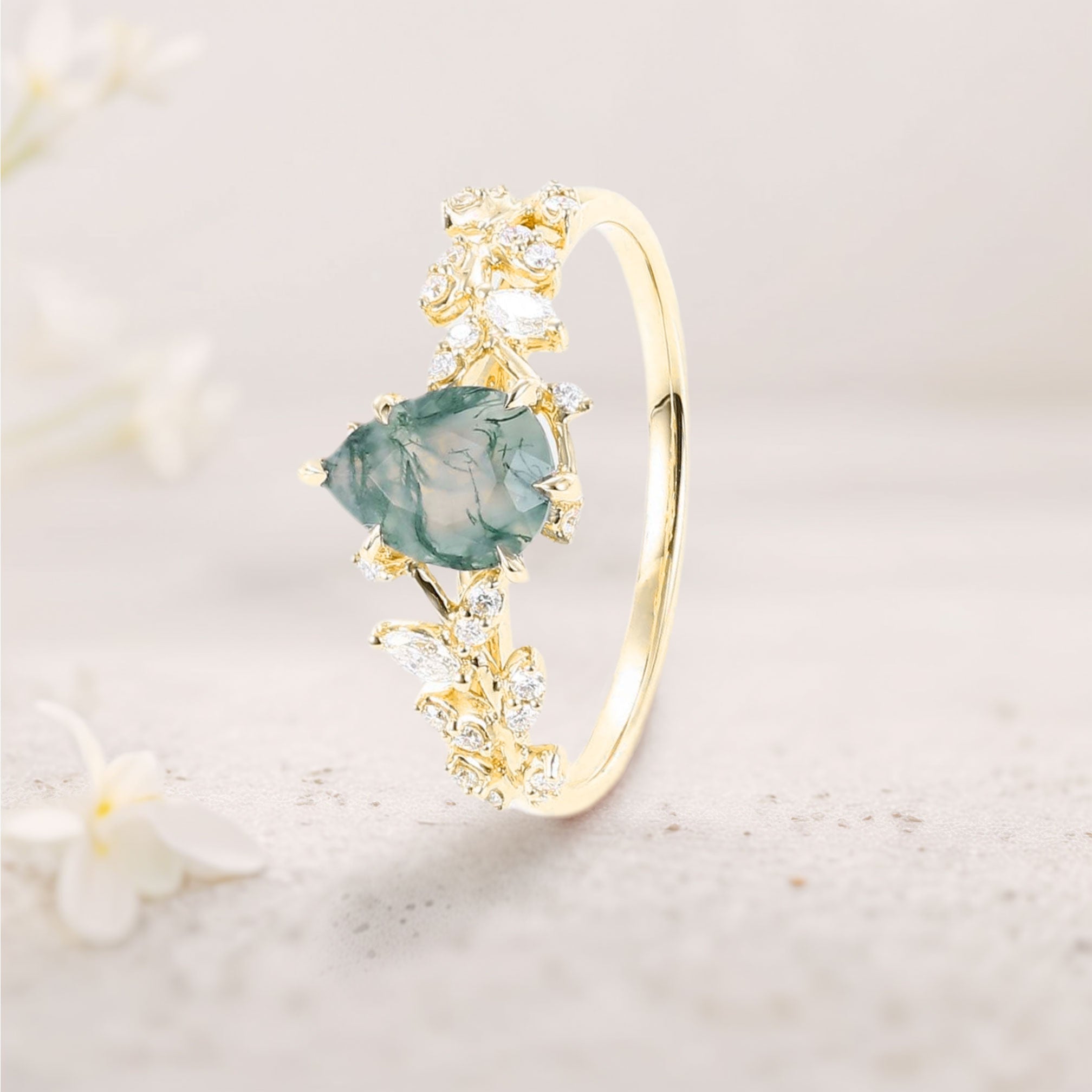 Unique floral engagement ringsPear Moss Agate Leaf 18K Yellow Gold Engagement Ring Mystical Garden Bridal Ring Promise Ring