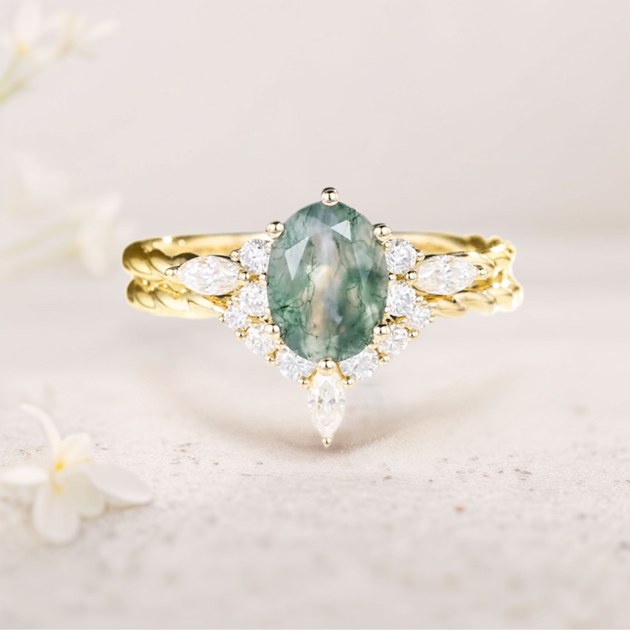 Vintage Oval Moss Agate Twisted 18K Yellow Gold Engagement Ring With Curved Wedding Ring Set