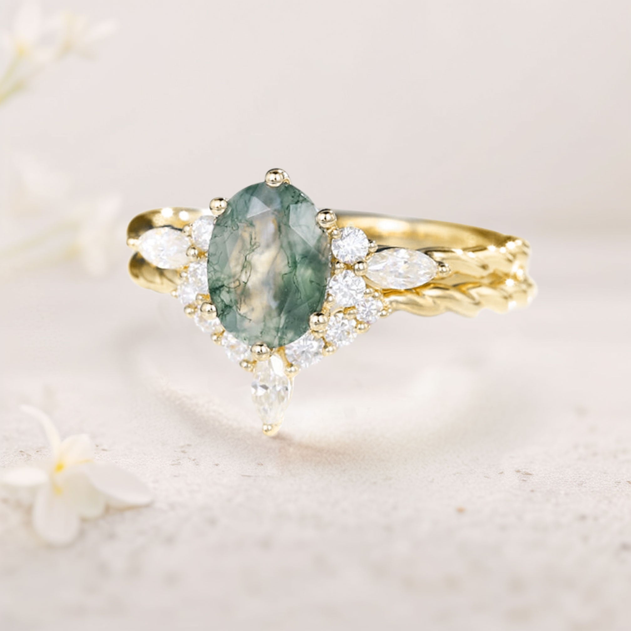 Vintage Oval Moss Agate Twisted 18K Yellow Gold Engagement Ring With Curved Wedding Ring Set