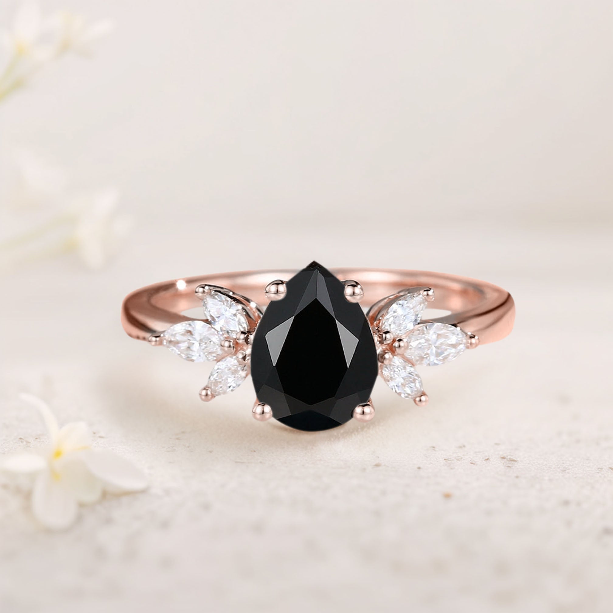Unique Pear Black Onyx 18K Rose Gold Engagement Ring Simple Cluster Bridal Ring