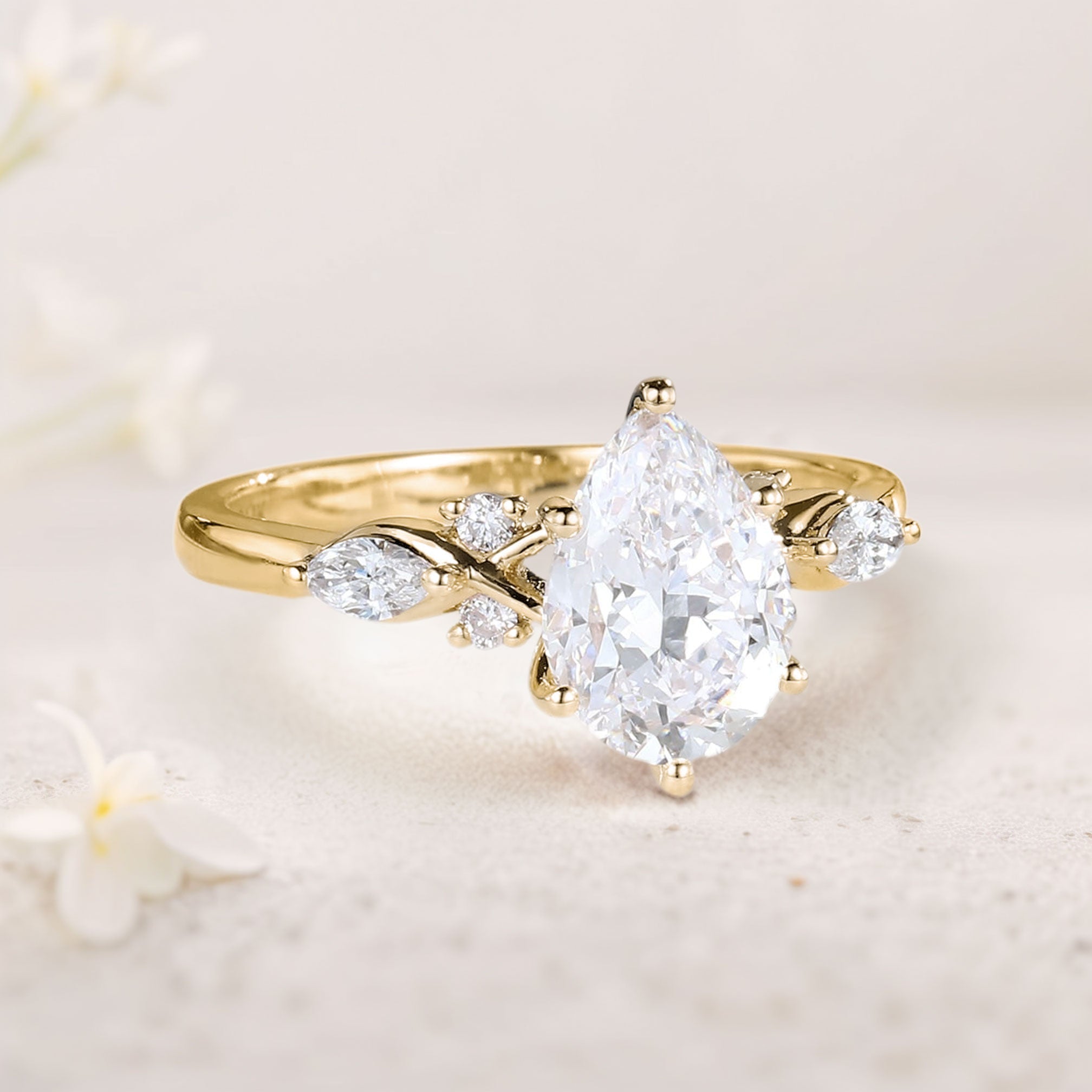 Unique Pear Moissanite Twist Ring 18K Yellow Gold Engagement Ring