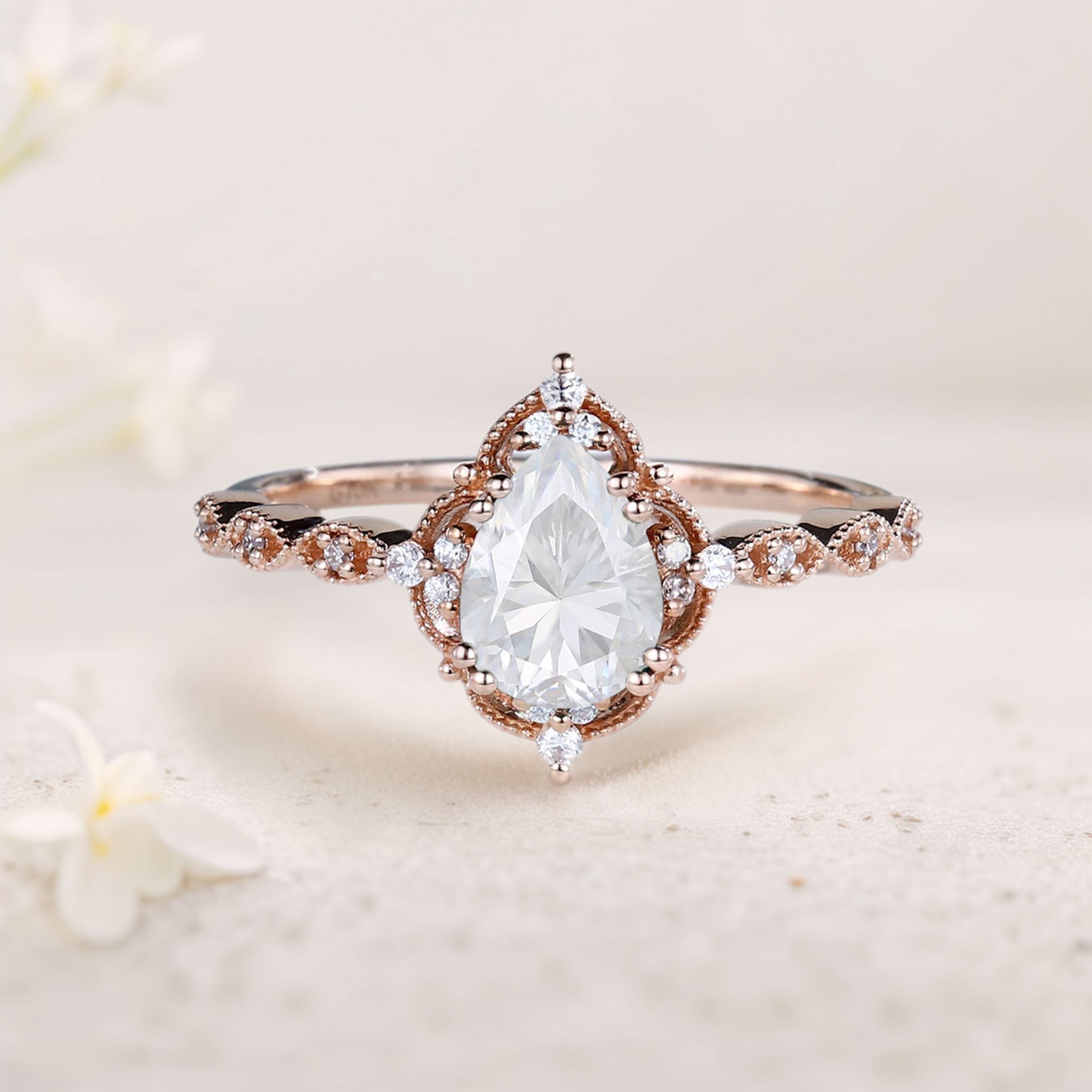 Vintage Pear Moissanite 18K Rose Gold Engagement Ring Bridal Ring