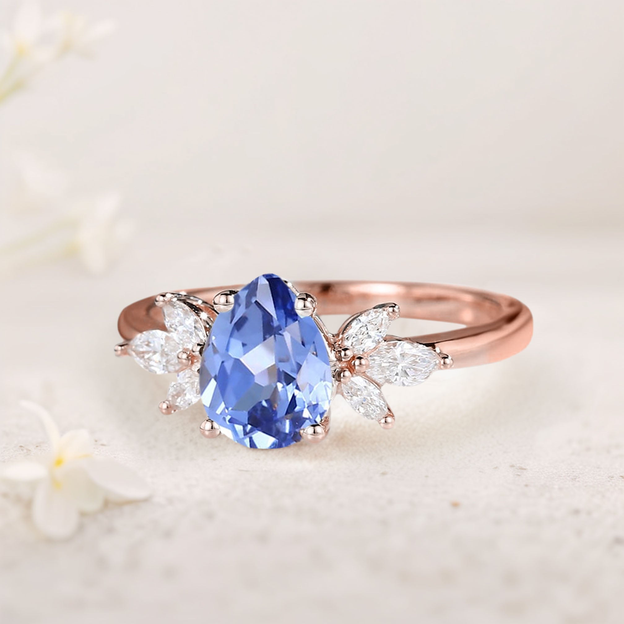 Unique Pear Lab Sapphire 18K Rose Gold Engagement Ring Simple Cluster Bridal Ring