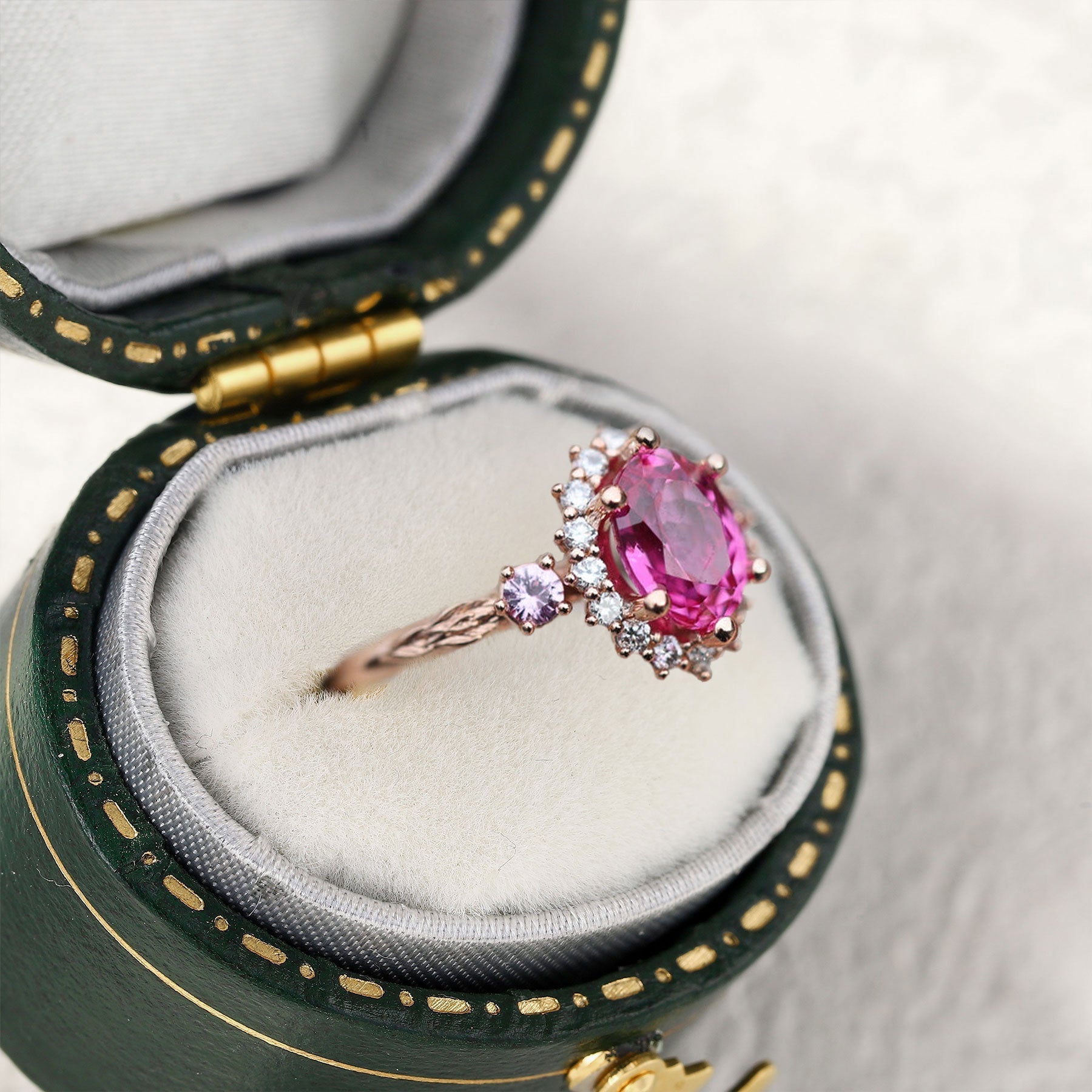 Unique Ash Oval Pink Lab Sapphire 18K Rose Gold Ring