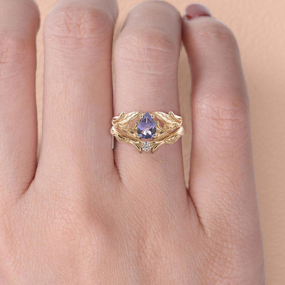 Unique floral engagement rings Pear Purple Lab Tanzanite 18K Yellow Gold engagement ring with Moissanite wedding Set