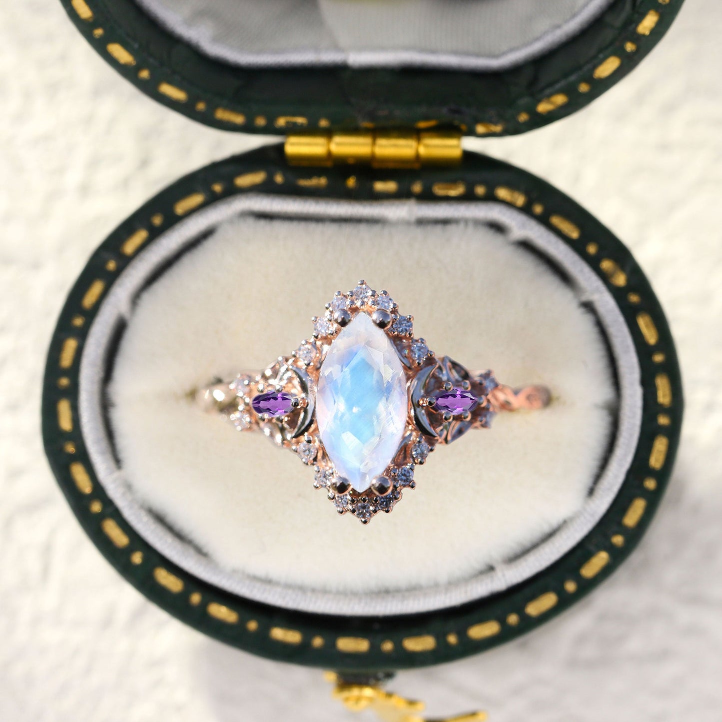 Customize your own Unique floral engagement rings Moon three stone Half Halo Marquise Lab Moonstone Ring
