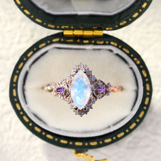 Customize your own Unique floral engagement rings Moon three stone Half Halo Marquise Lab Moonstone Ring
