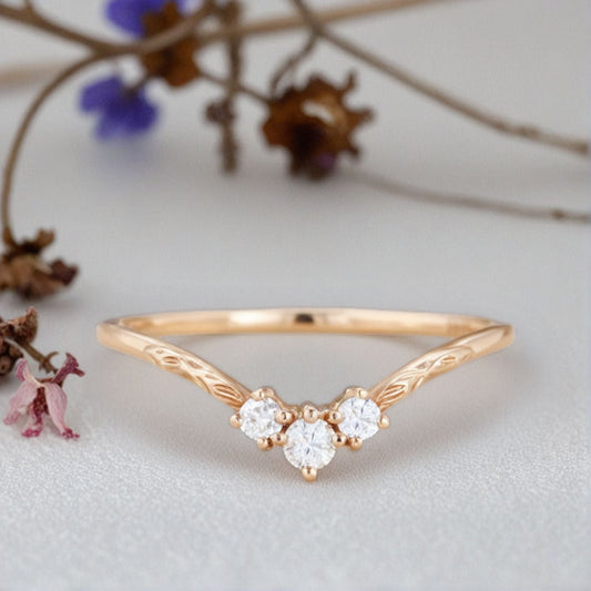 Unique Round Moissanite Wedding Band Art-deco Moissanite Engagement Ring