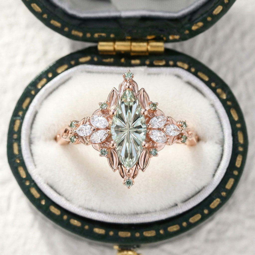 Unique Starbrite Cut Marquise Green Lab Sapphire Engagement Ring