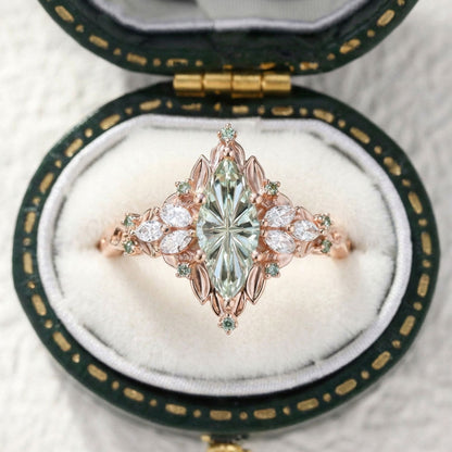 Unique Starbrite Cut Marquise Green Lab Sapphire Engagement Ring