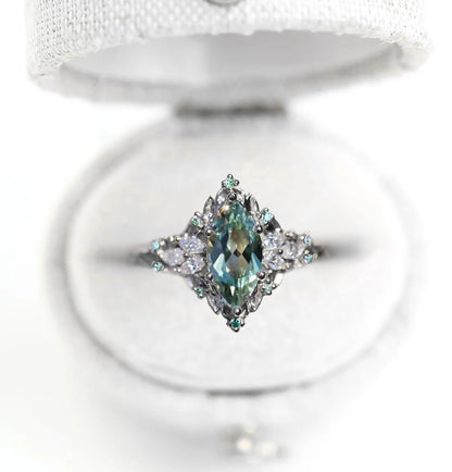 Unique floral engagement rings Briar Rose Starlight Marquise Green Lab Sapphire Ring