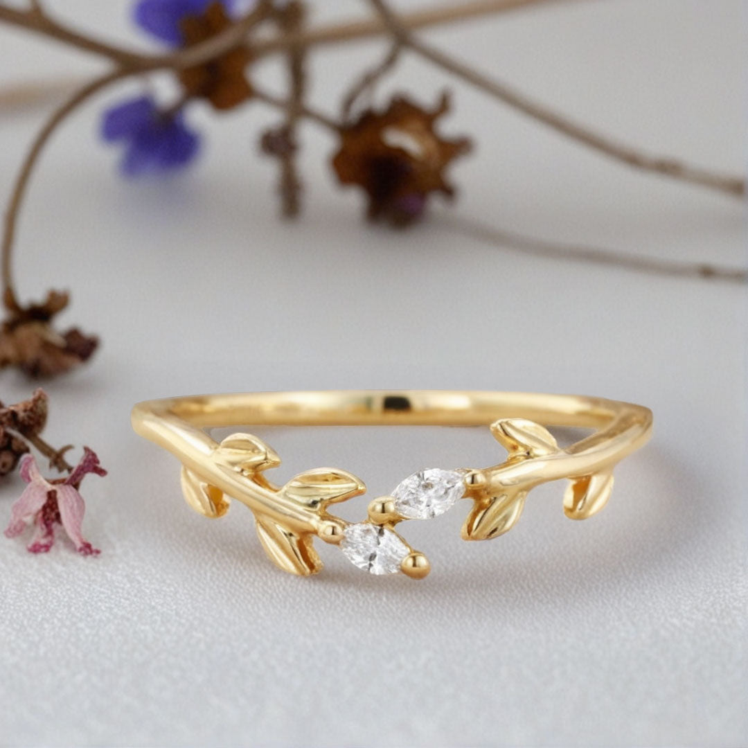 Unique Marquise Moissanite Wedding Band Leaf Moissanite Engagement Ring