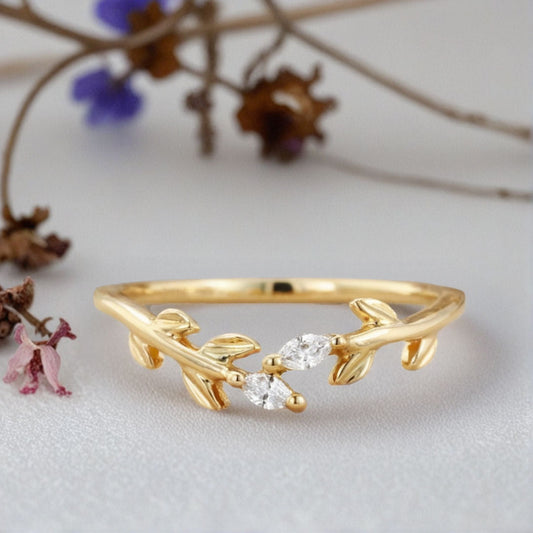 Unique Marquise Moissanite Wedding Band Leaf Moissanite Engagement Ring