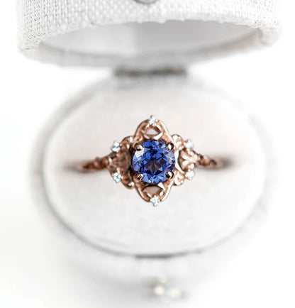 Unique Star Moons Round Lab Sapphire Ring