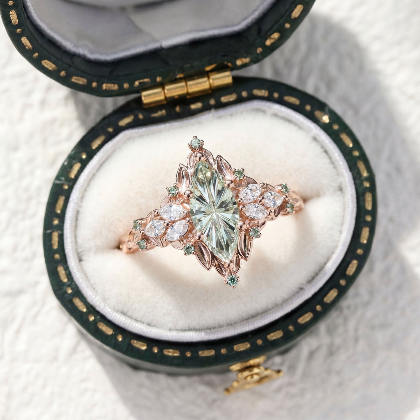 Unique Starbrite Cut Marquise Green Lab Sapphire Engagement Ring