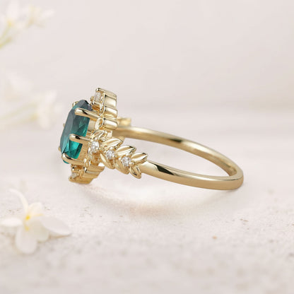 Unique Elegant Royal Oval Lab Emerald Filigree Leaf Engagement Ring