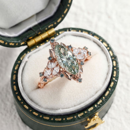 Unique Starbrite Cut Marquise Green Lab Sapphire Engagement Ring