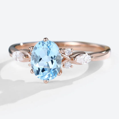 Vintage Oval Lab Aquamarine and Moissanite Split Shank Engagement Ring