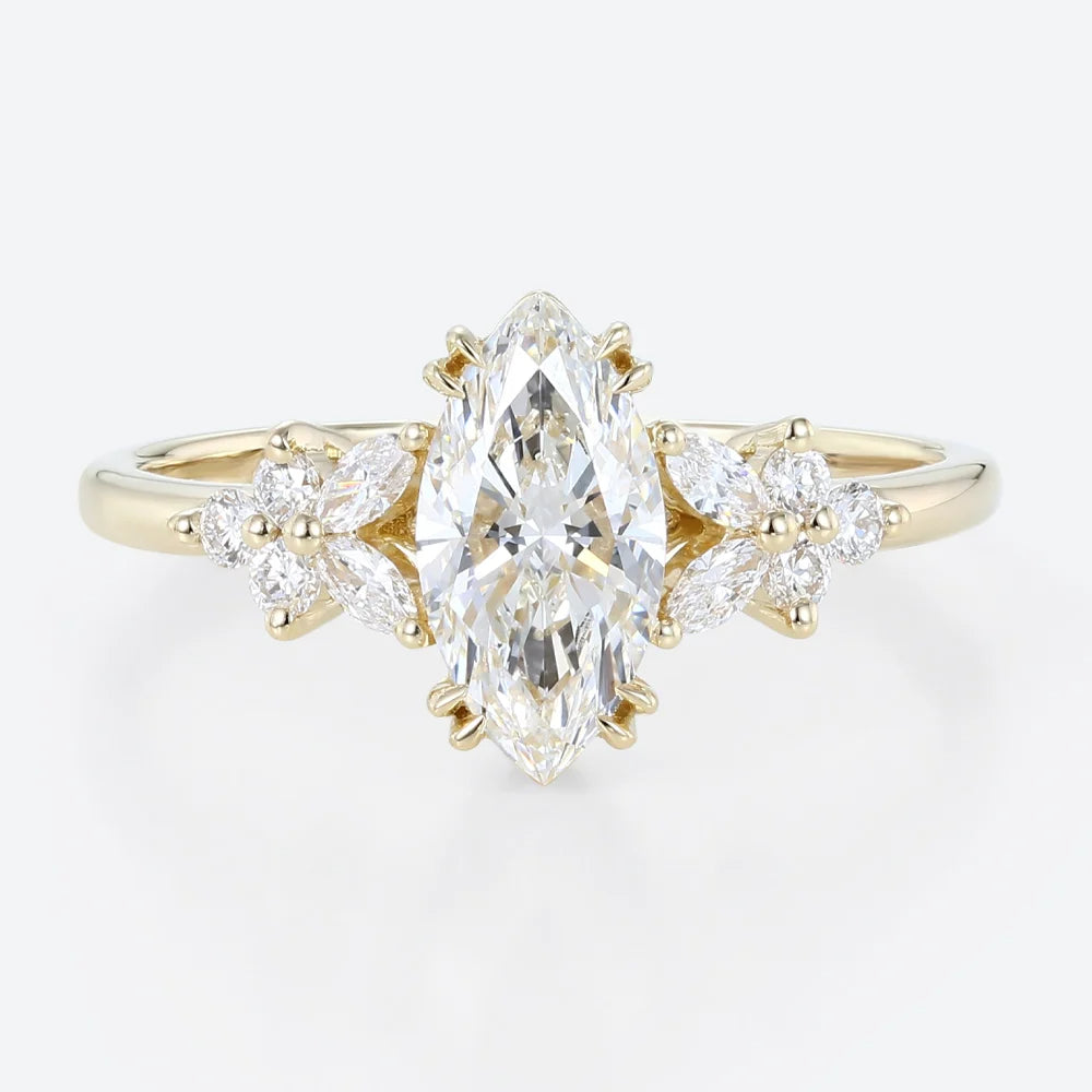 Unique Marquise Moissanite Rings Petal Side Stones Engagement Ring