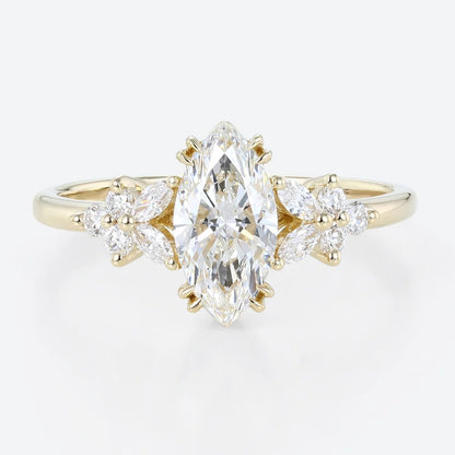 Unique Marquise Moissanite Rings Petal Side Stones Engagement Ring