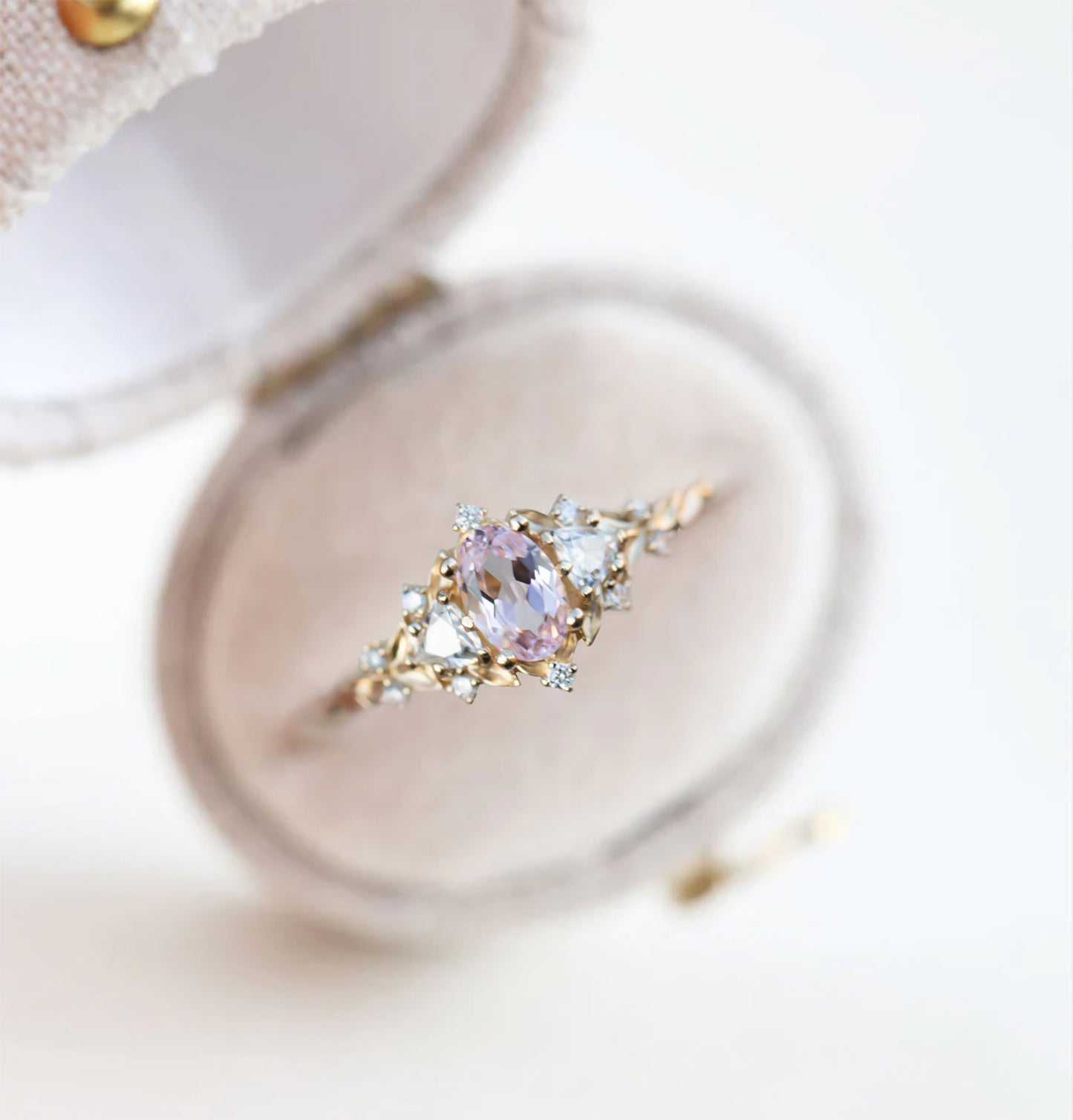 Unique Floral Rose Three Stone Oval Pink Padparadscha Ring