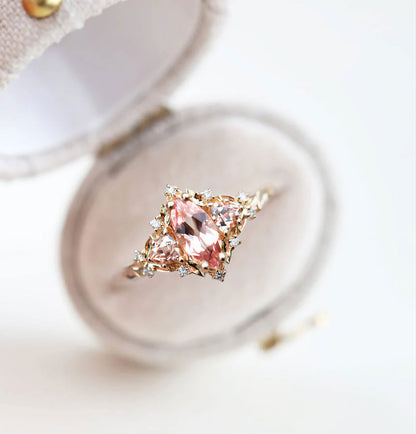 Unique Floral Rose Three Stone Marquise Padparadscha Ring