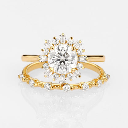 Unique floral engagement rings Round Moissanite Halo Floral Ring Set