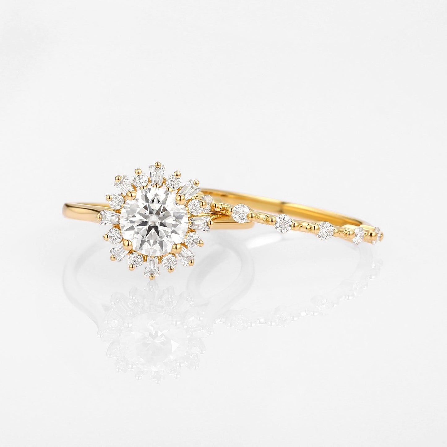 Unique floral engagement rings Round Moissanite Halo Floral Ring Set