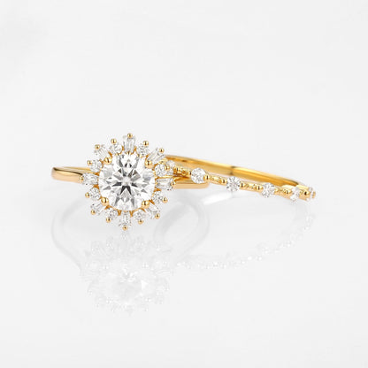 Unique floral engagement rings Round Moissanite Halo Floral Ring Set